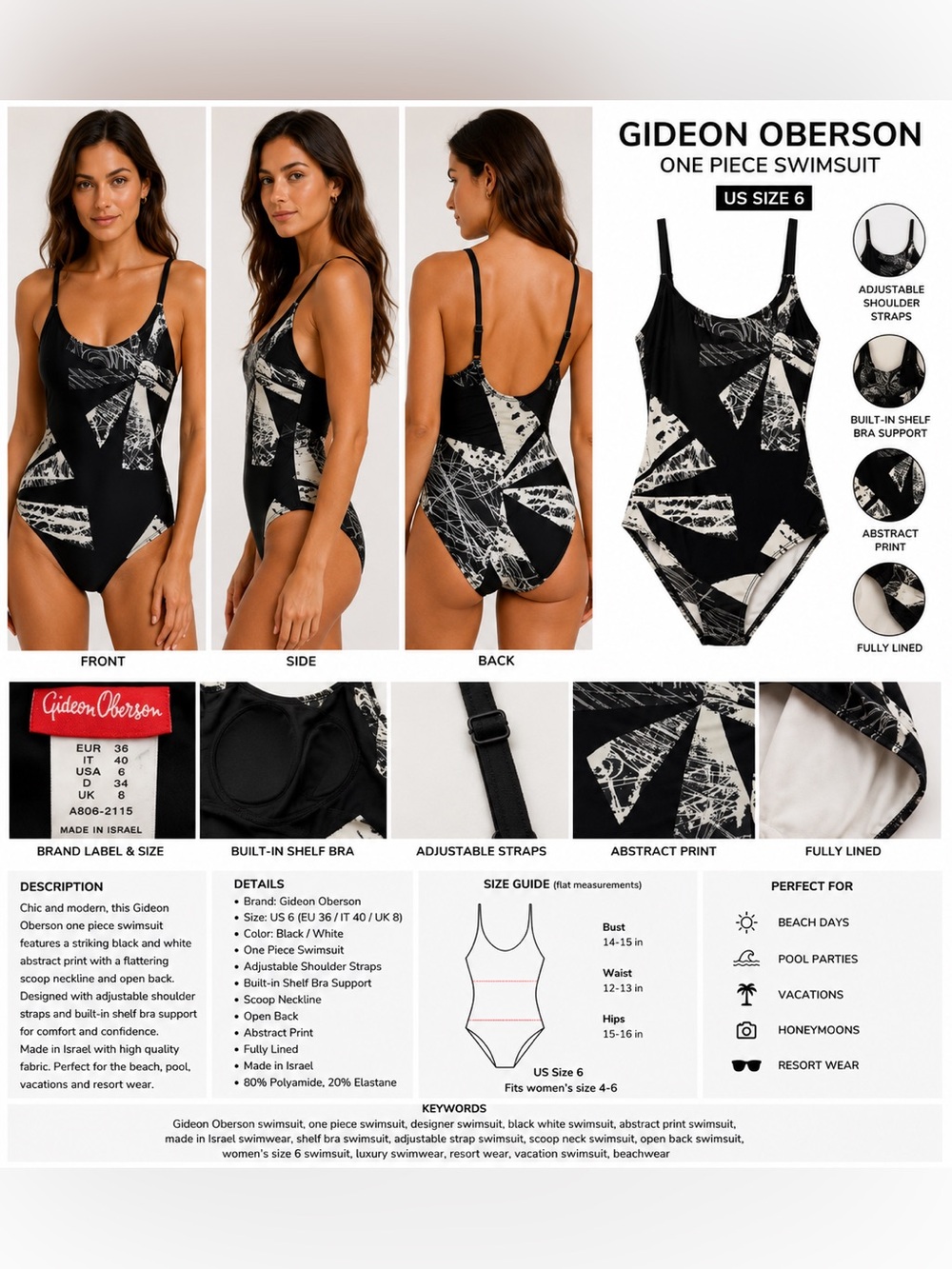 Gideon Oberson One Piece Swimsuit Women's US 6 Black White Abstract Print